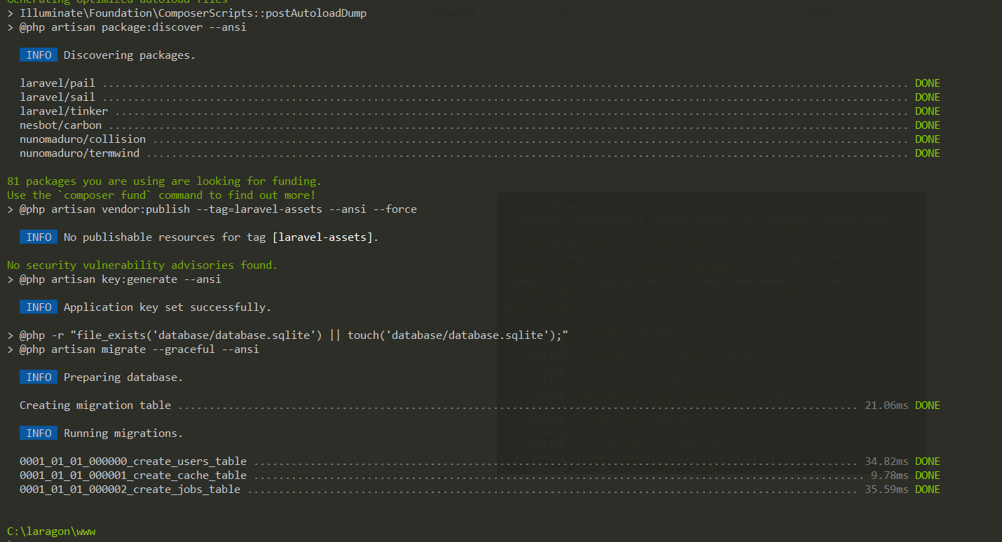 Project Laravel berhasil dibuat dan dependency selesai dipasang